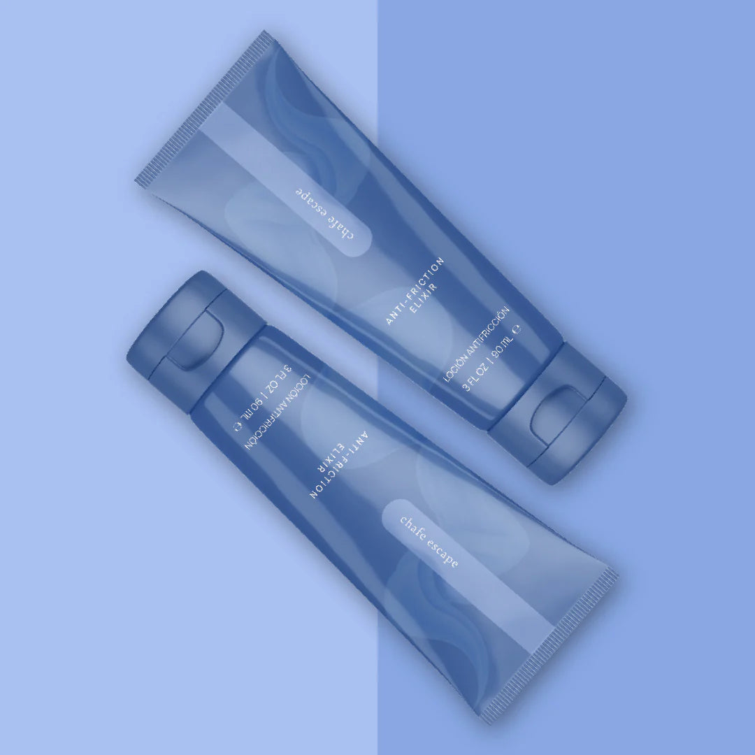 Two blue skincare products with visible branding on a light blue background. chafe escape anti friction elixir pure www.VALGINA.com 