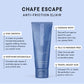Chafe Escape anti-friction elixir packaging with product details on a light blue background. chafe escape anti friction elixir pure www.VALGINA.com 