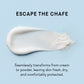 Product swatch of cream transforming into powder on a light blue background with text 'Escape the Chafe'. chafe escape anti friction elixir pure www.VALGINA.com 