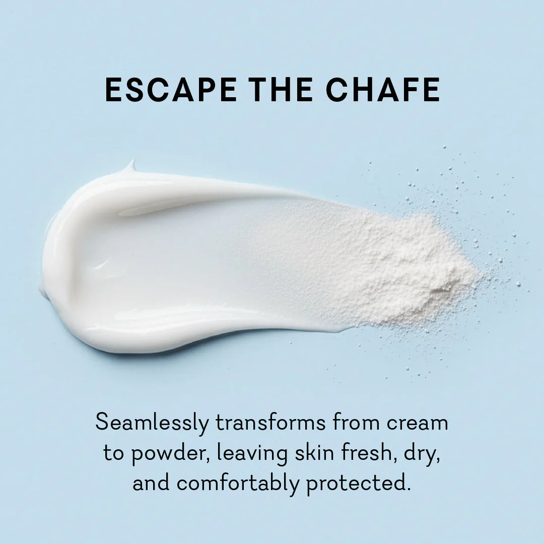 Product swatch of cream transforming into powder on a light blue background with text 'Escape the Chafe'. chafe escape anti friction elixir pure www.VALGINA.com 