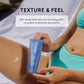 Person holding a blue skincare product with text about texture and feel. chafe escape anti friction elixir pure www.VALGINA.com 