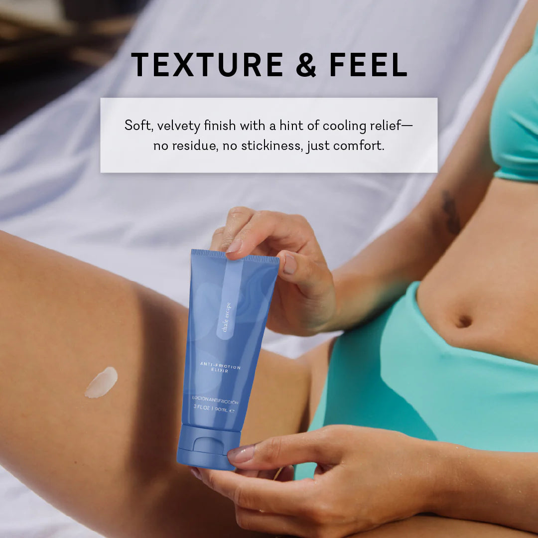 Person holding a blue skincare product with text about texture and feel. chafe escape anti friction elixir pure www.VALGINA.com 