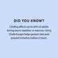 Text on a light blue background about chafing and Chafe Escape product. chafe escape anti friction elixir pure www.VALGINA.com 