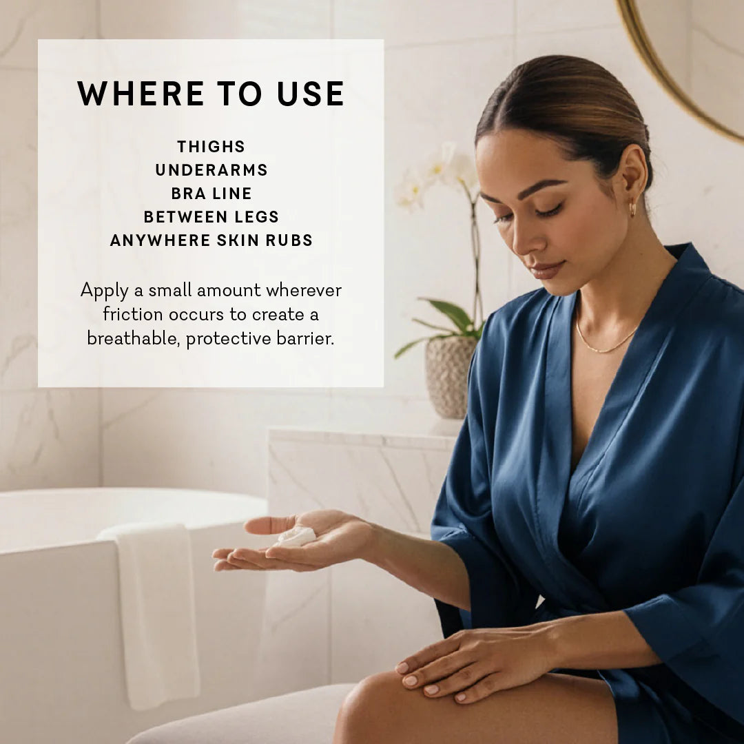 Woman applying cream with text on usage on a bathroom background. 