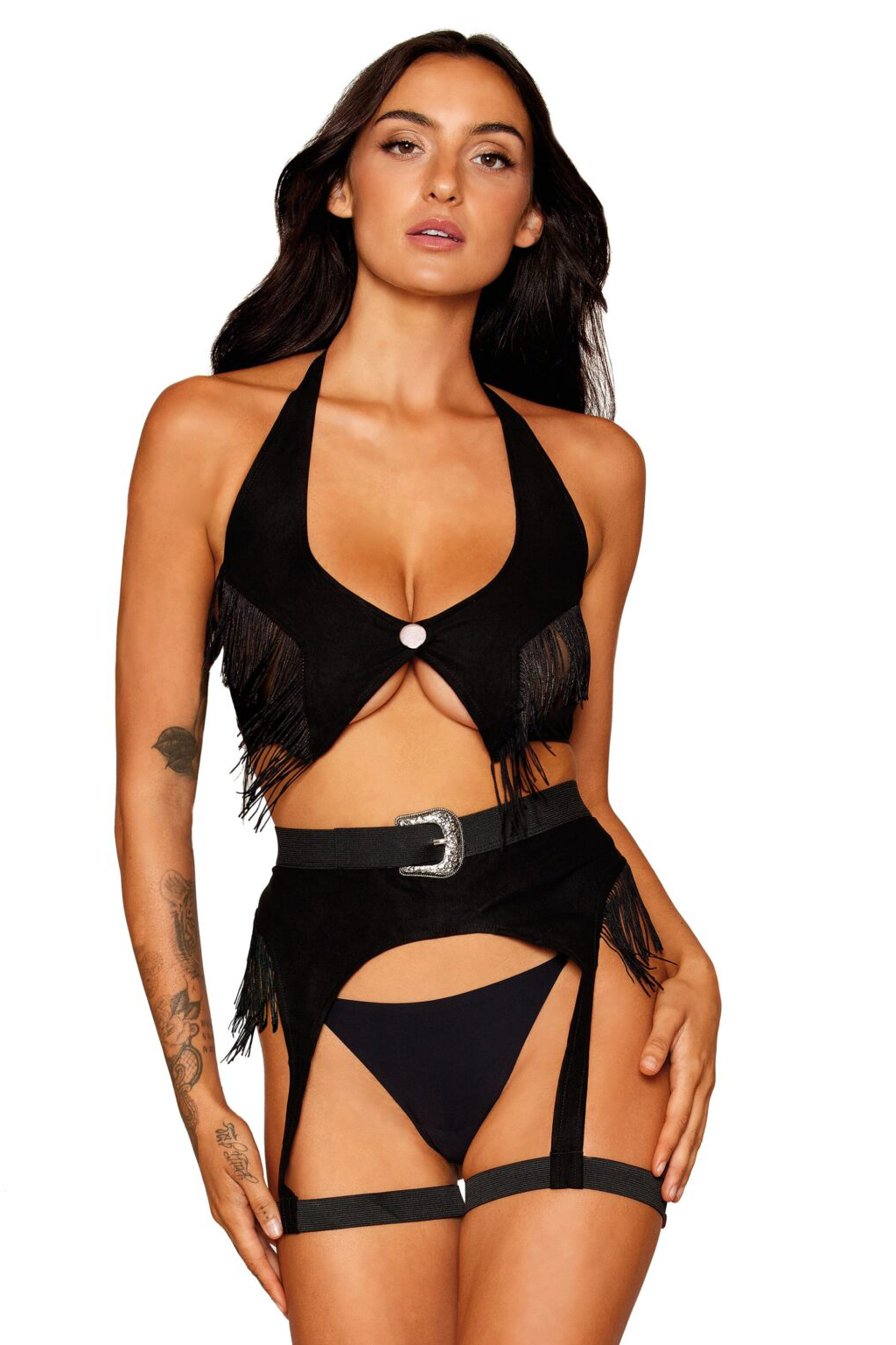 Cowgirl Confidential - Country Western Faux-Leather Bralette and Garter Belt Lingerie Set with tassels, fringe, buckle, faux suede www.VALGINA.com  