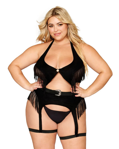 Close up of fringe and tassel detailing on the Cowgirl Confidential faux suede lingerie set
