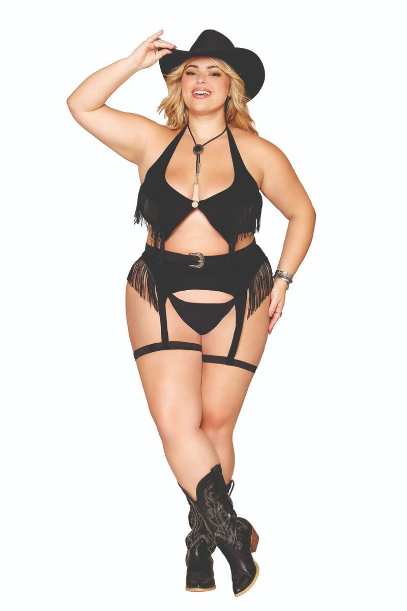 Cowgirl Confidential - Country Western Faux-Leather Bralette and Garter Belt Lingerie Set with tassels, fringe, buckle, faux suede www.VALGINA.com  