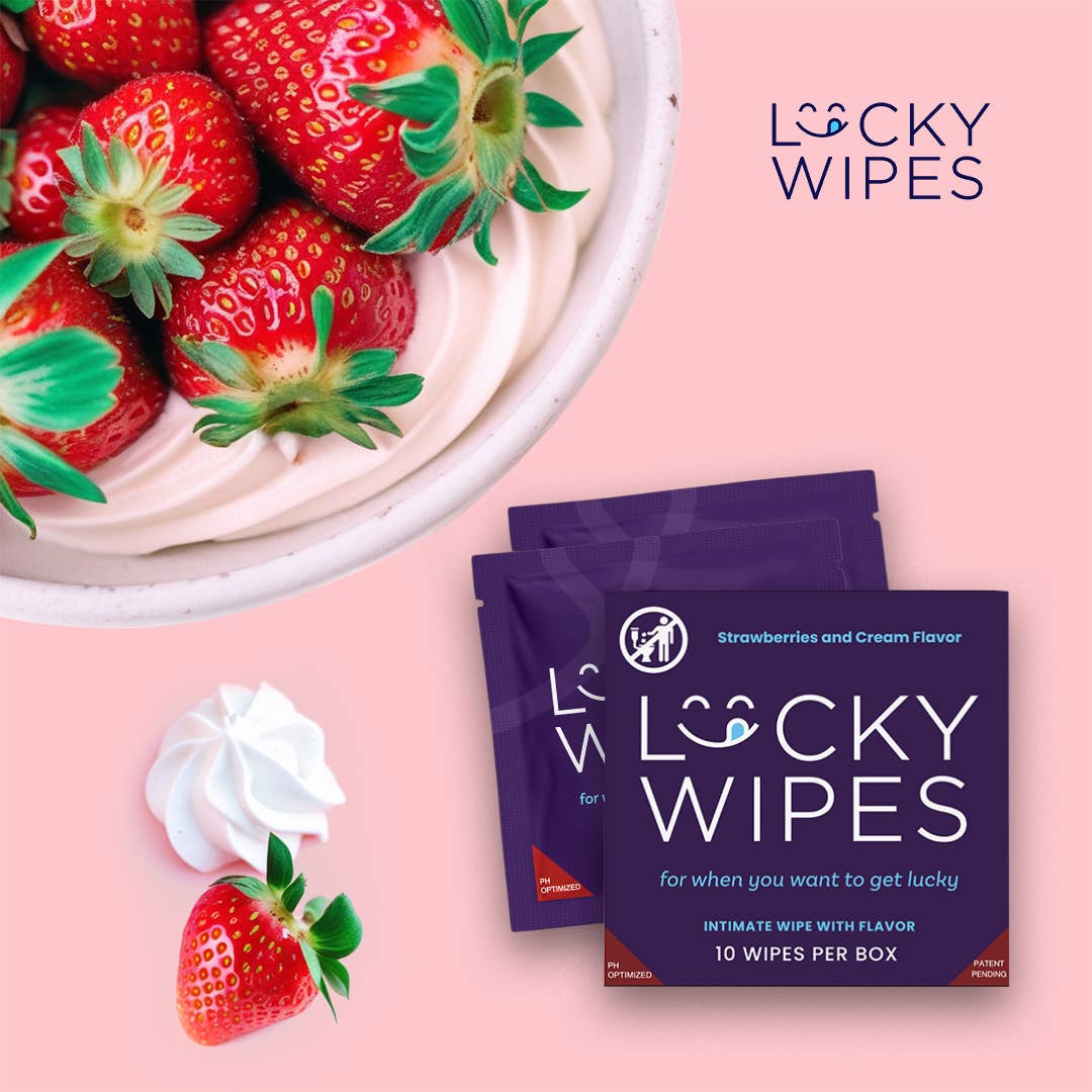 Wipes For Men Flavored Strawberries and Cream Flavor Top Seller Lucky Wipes for dudes ph balanced. Sweetums individually wrapped flavored wipes www.VALGINA.com 