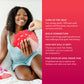 Woman holding 'Hot' cards with promotional text on a red background. hot date night card game pure romance www.VALGINA.com 