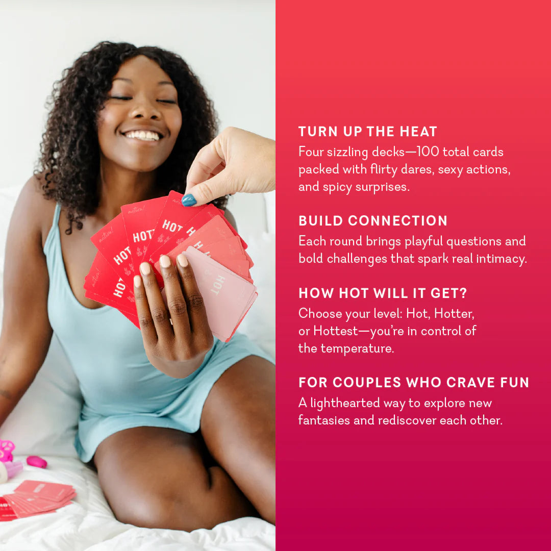Woman holding 'Hot' cards with promotional text on a red background. hot date night card game pure romance www.VALGINA.com 