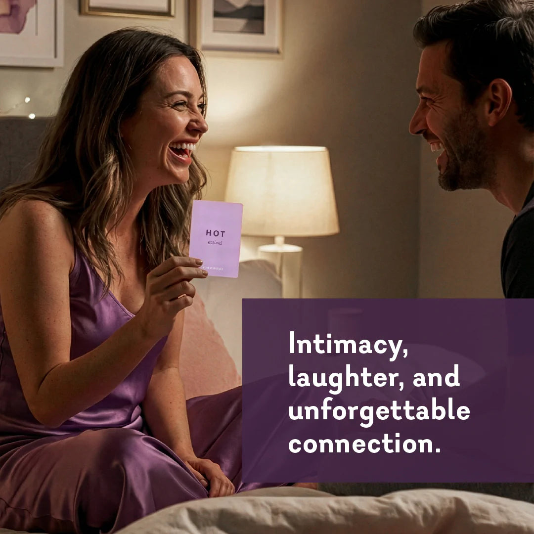 Woman in a purple dress holding a card, sitting next to a man in a dimly lit room with text overlay. hot date night card game pure romance www.VALGINA.com 