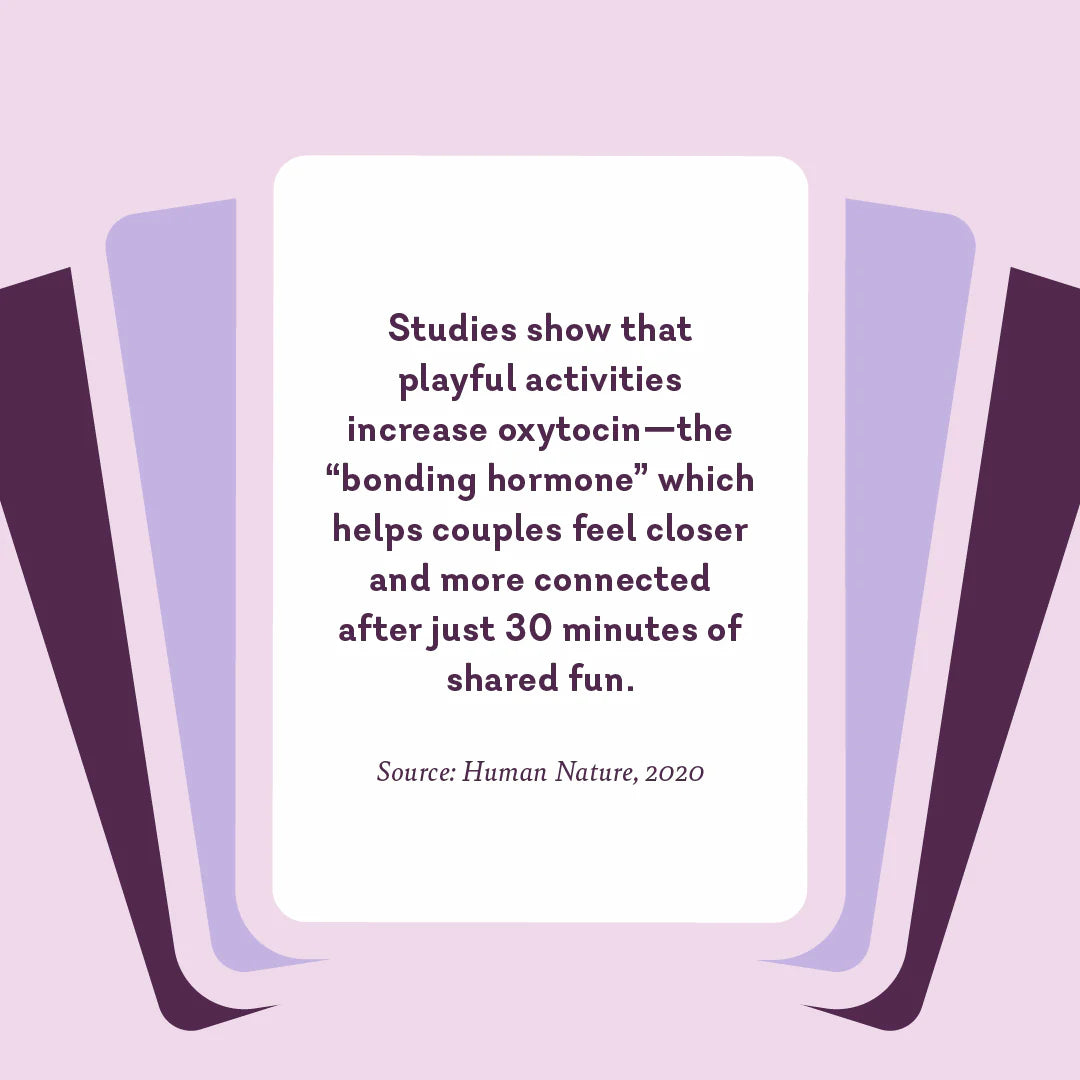 Card with text about playful activities increasing oxytocin on a purple background. hot date night card game pure romance www.VALGINA.com 