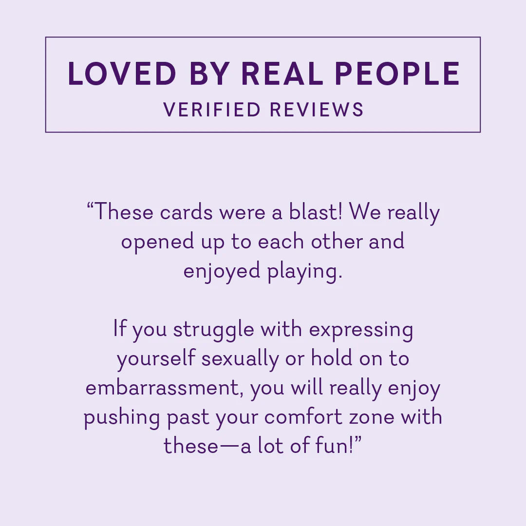 Purple background with text about verified reviews and product experience. hot date night card game pure romance www.VALGINA.com 