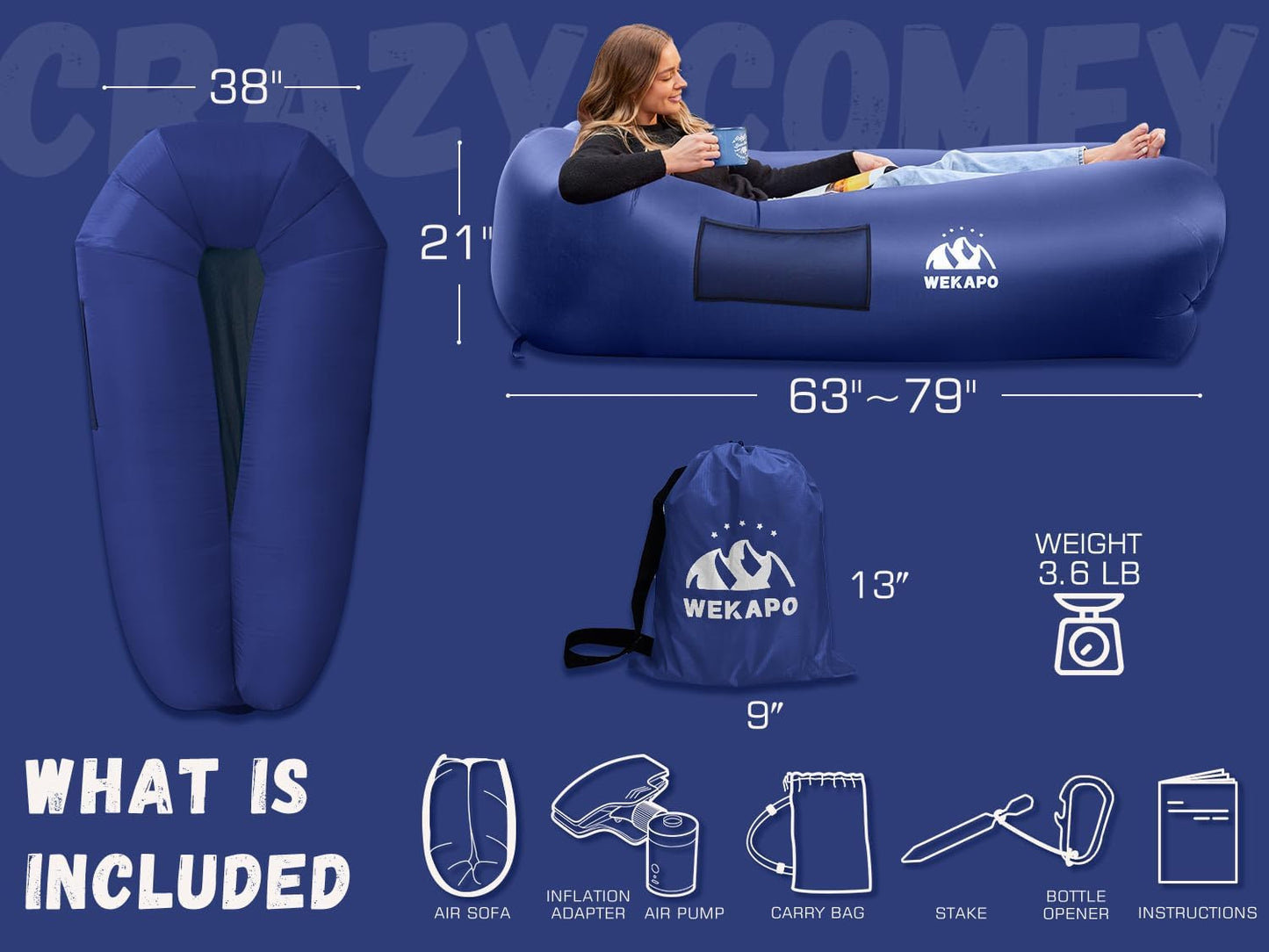 Inflatable lounger couch reclining outdoors - lightweight 3.6 lb chair - ValGina.com