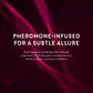 Text about pheromone-infused fragrance on a dark background with pink smoke effect. lustra body dew sweet temptation sweet temptation pure romance www.VALGINA.com 