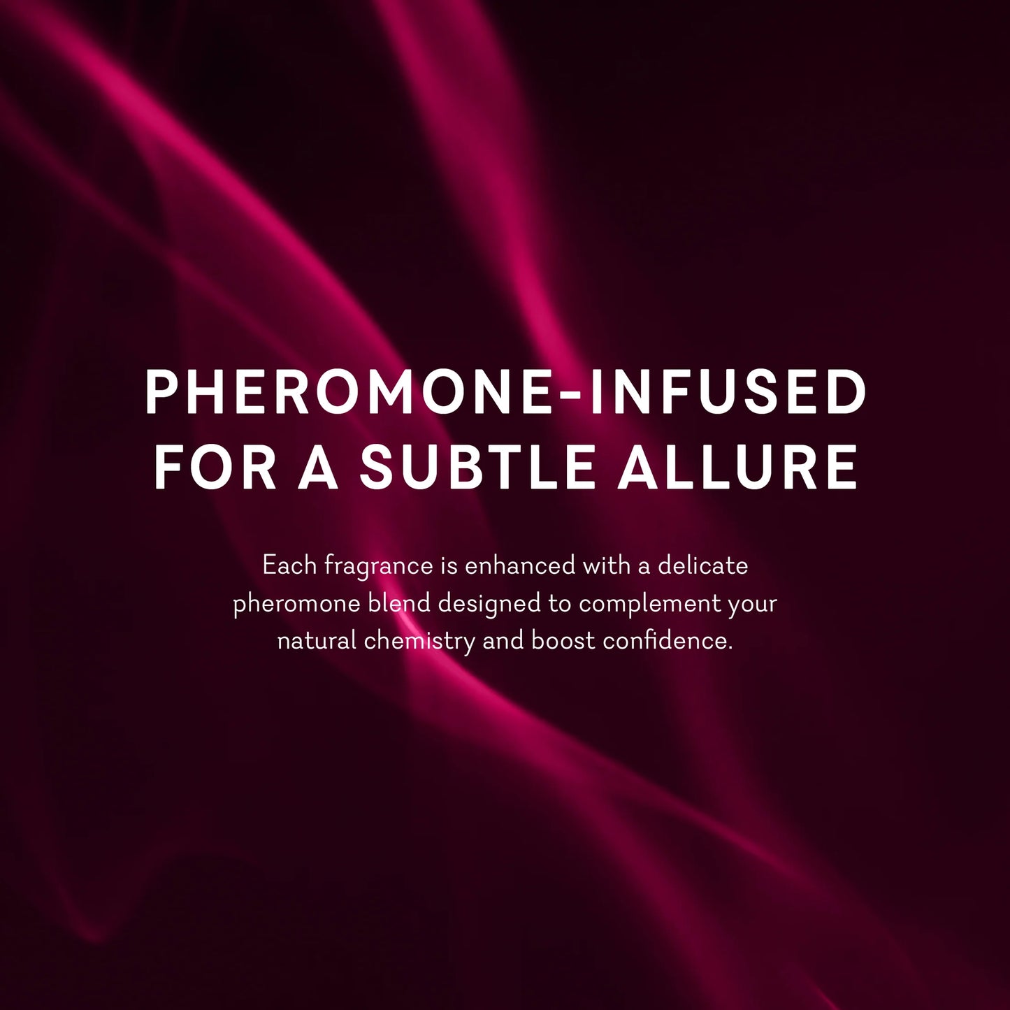 Text about pheromone-infused fragrance on a dark background with pink smoke effect. lustra body dew sweet temptation sweet temptation pure romance www.VALGINA.com 