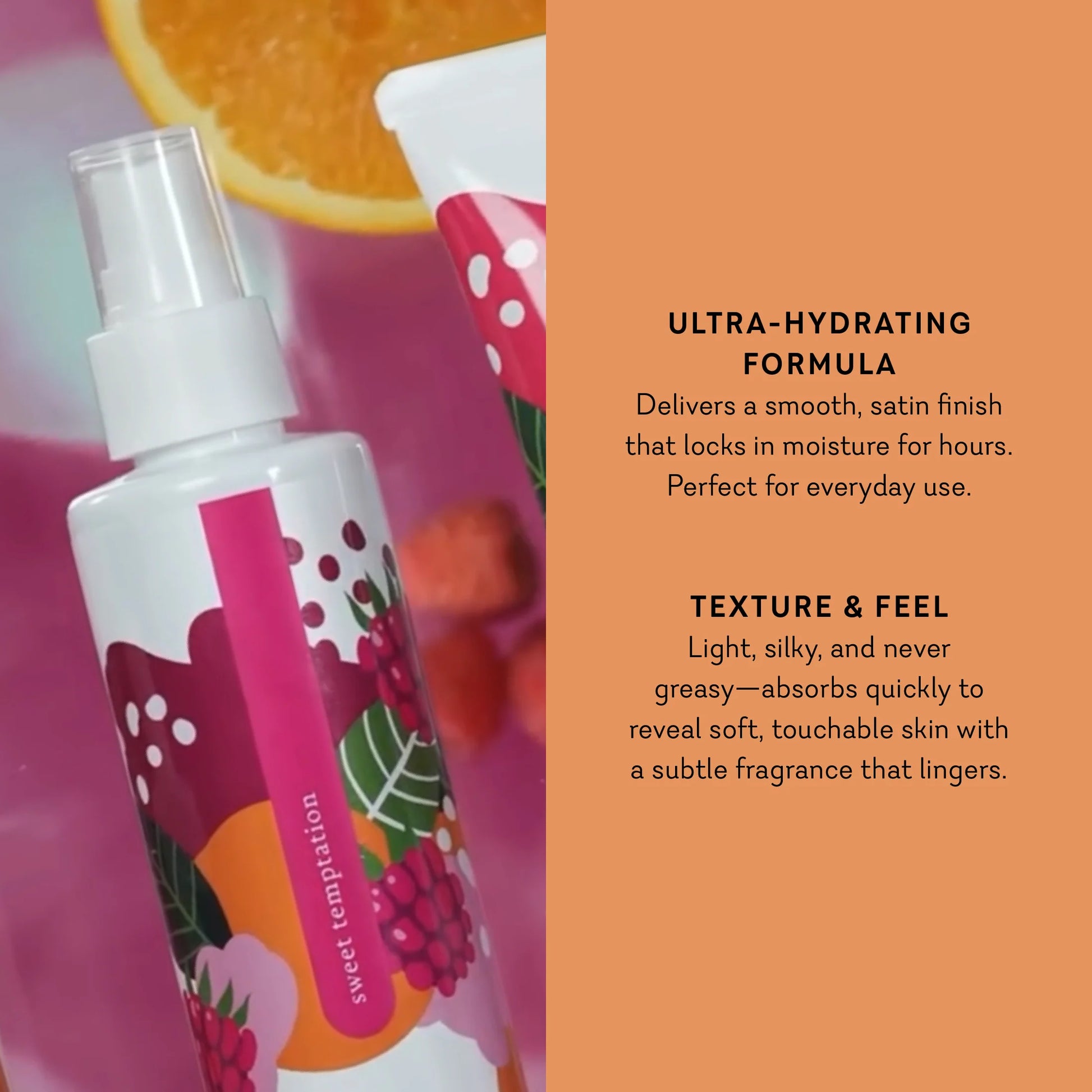 Product bottle with colorful design on an orange background, featuring text about its ultra-hydrating formula. lustra body dew sweet temptation sweet temptation pure romance www.VALGINA.com 