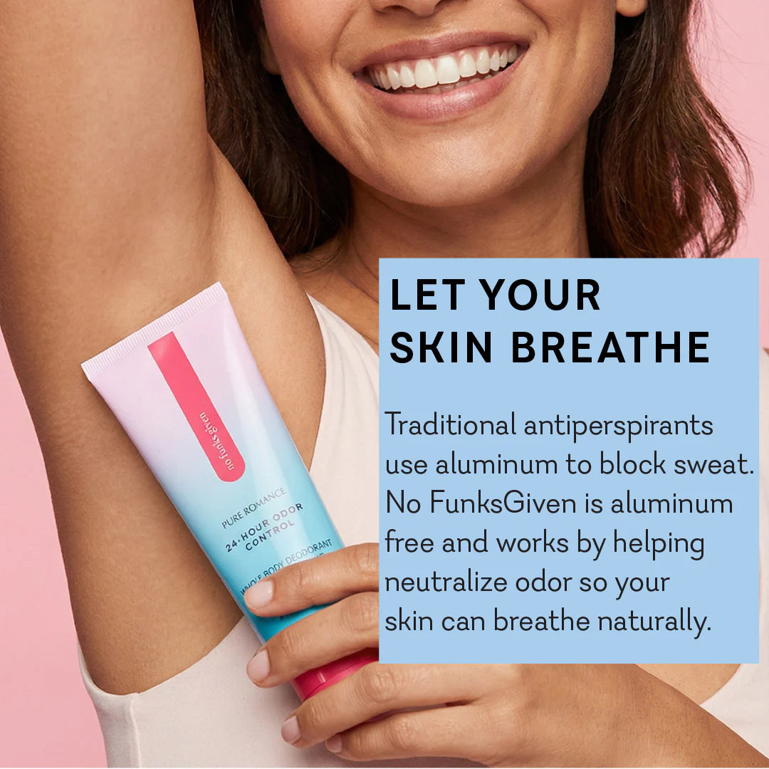 Woman holding a FunksGiven antiperspirant stick with promotional text on a pink background. no funks given full body deodorant niacinimide feminine odor www.VALGINA.com 
