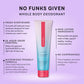 Deodorant tube with features listed on a purple background. no funks given full body deodorant niacinimide feminine odor www.VALGINA.com 