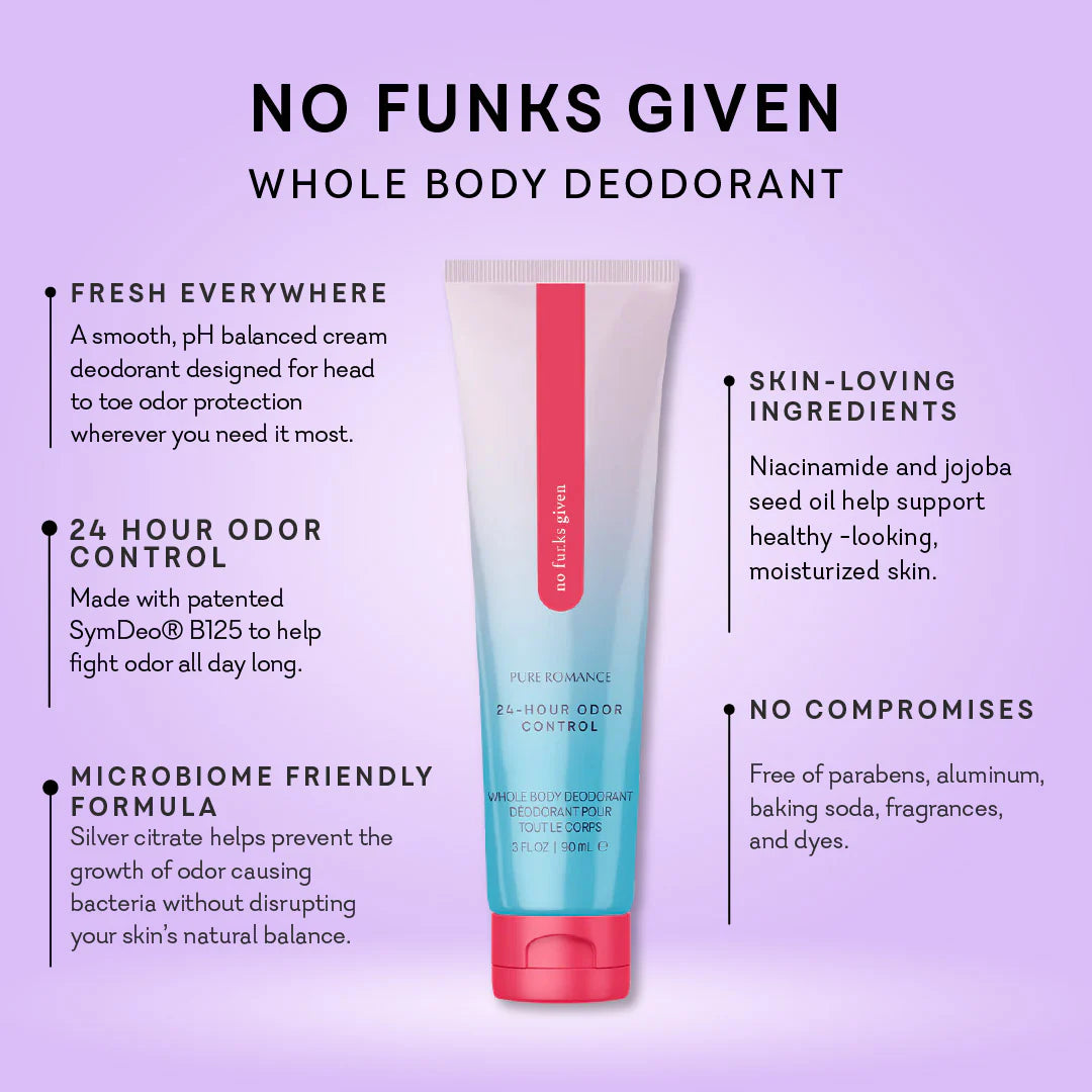 Deodorant tube with features listed on a purple background. no funks given full body deodorant niacinimide feminine odor www.VALGINA.com 