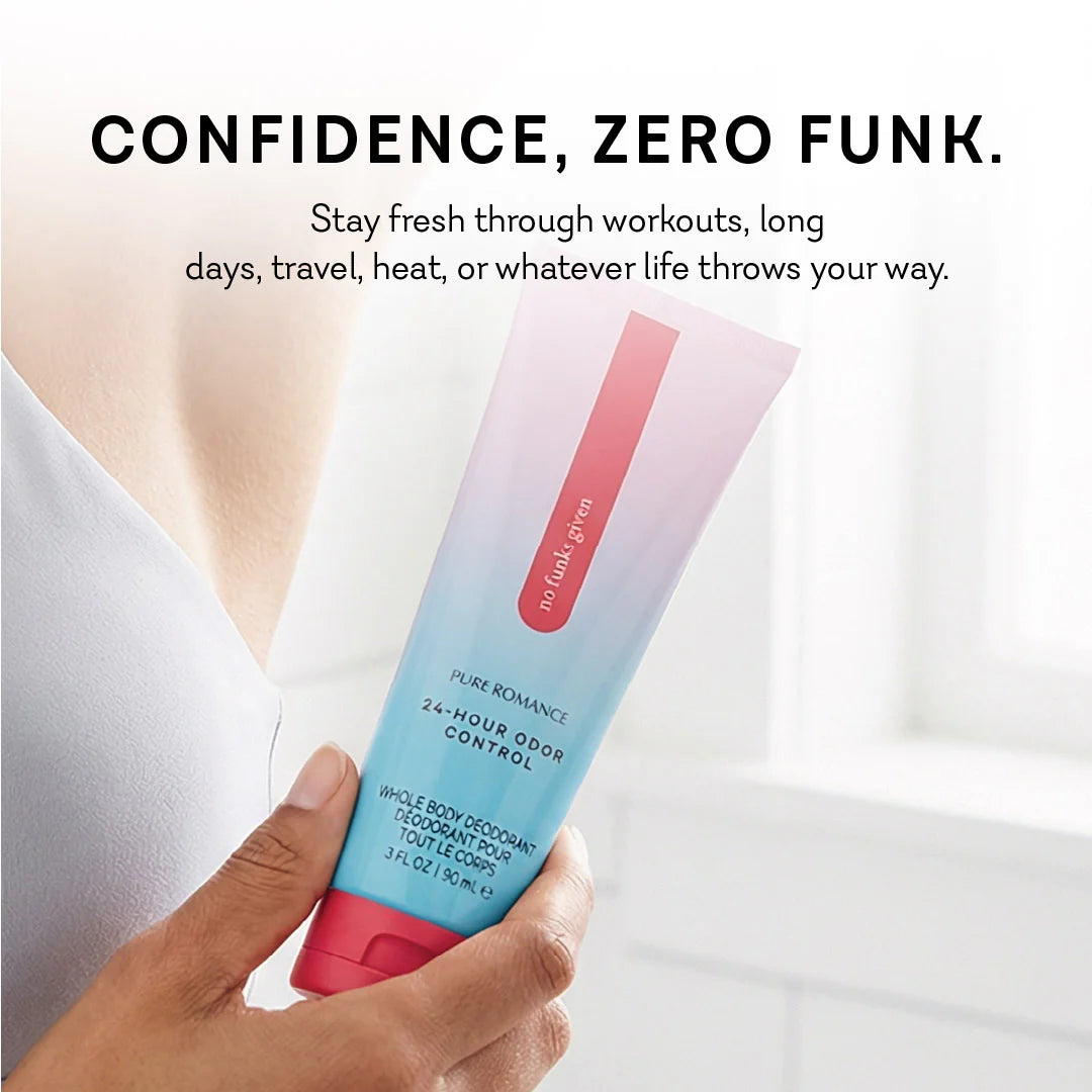 Hand holding a deodorant stick with text about confidence and odor control. no funks given full body deodorant niacinimide feminine odor www.VALGINA.com 
