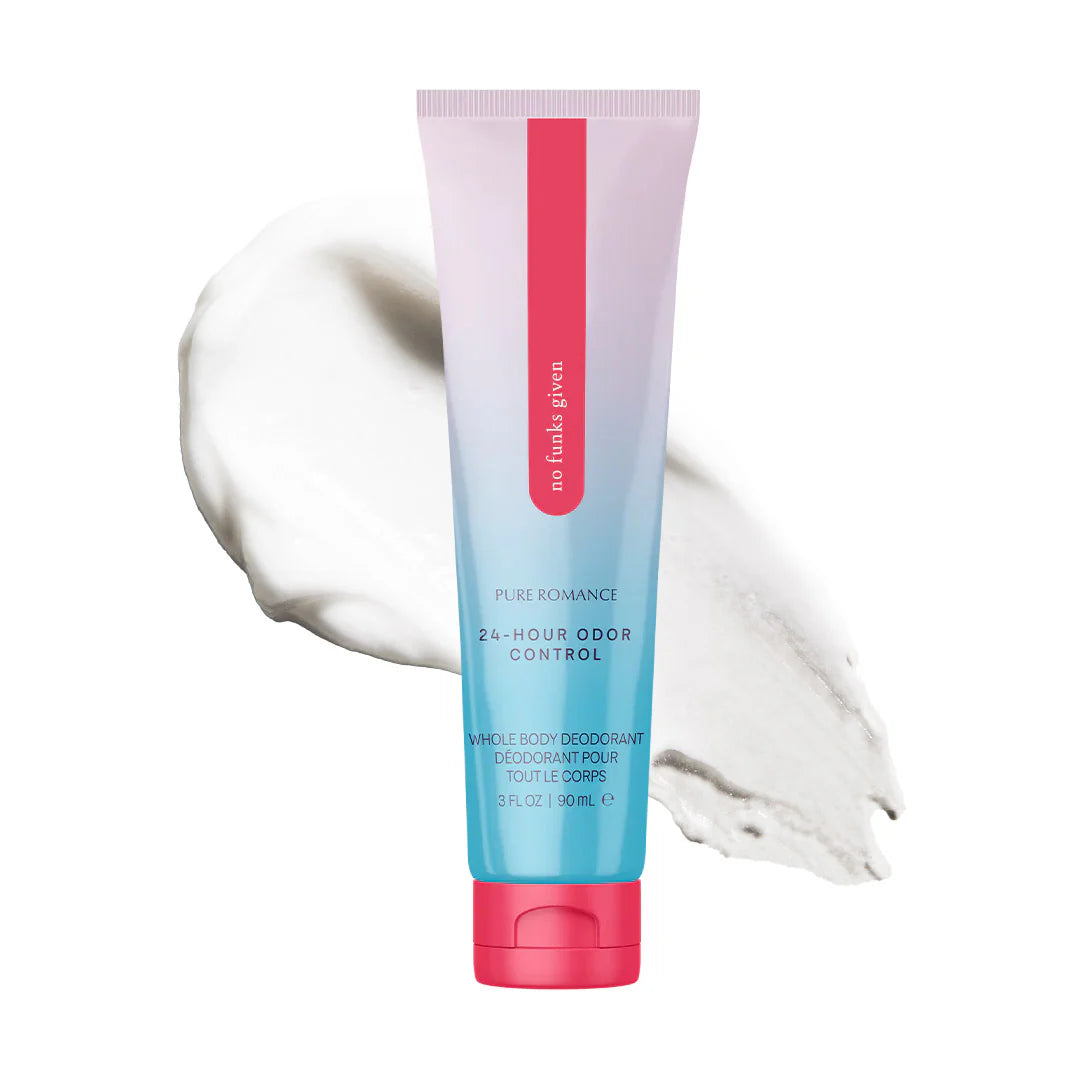Tube of deodorant with a gradient design on a white background. no funks given full body deodorant niacinimide feminine odor www.VALGINA.com 