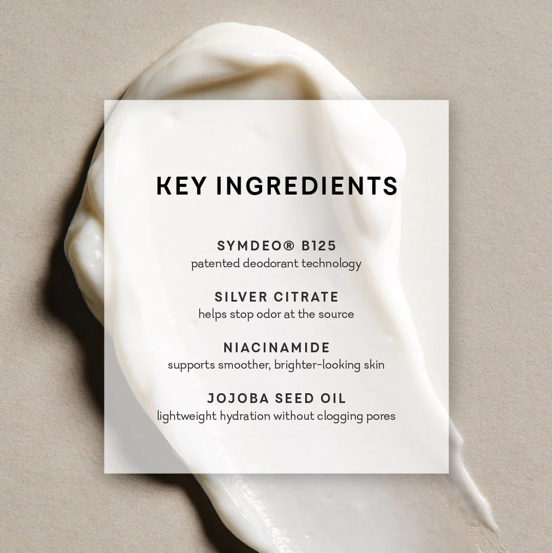 Product packaging with key ingredients listed on a beige background. no funks given full body deodorant niacinimide feminine odor www.VALGINA.com 
