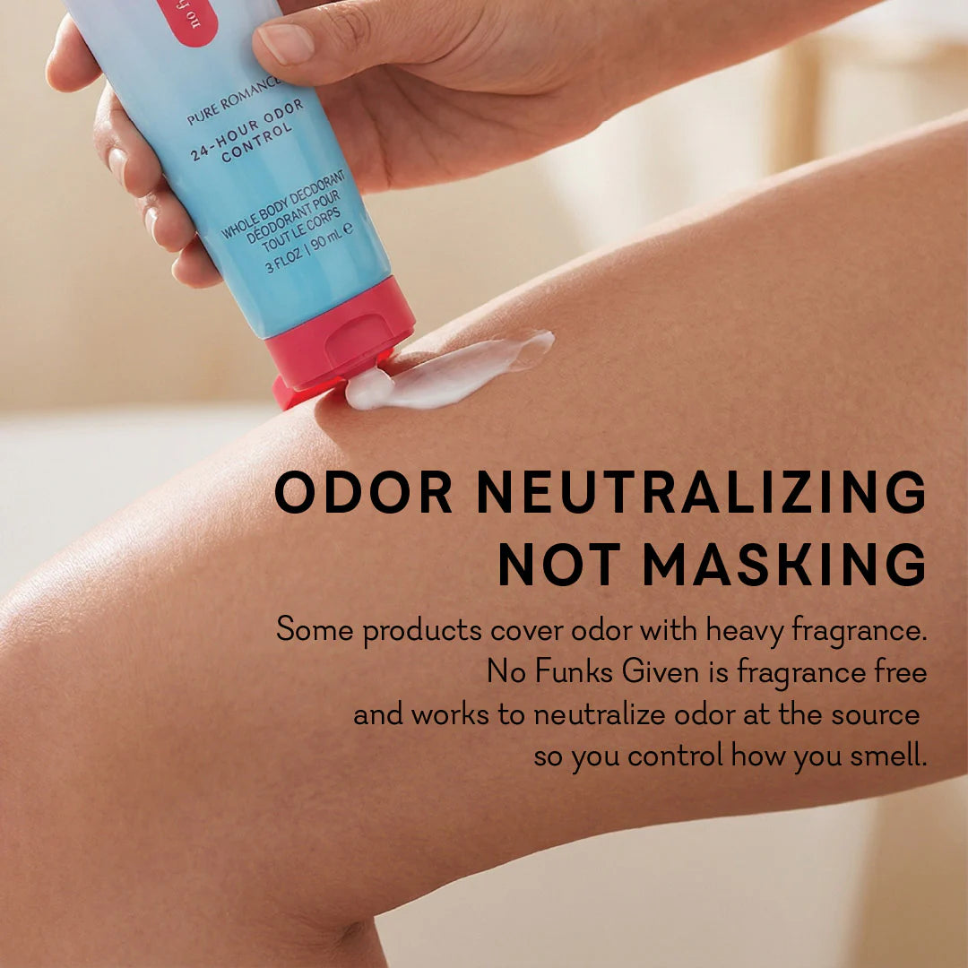 Hand applying a tube of odor neutralizing cream to leg with text about product benefits. no funks given full body deodorant niacinimide feminine odor www.VALGINA.com 