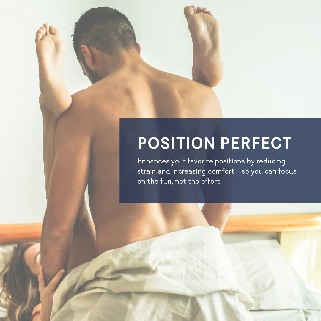 Position Wedge – Support Cushion for Elevated Intimacy. A gray wedge-shaped position wedge cushion with a soft, machine-washable cover. Best Couples sex pillow for positioning www.VALGINA.com 