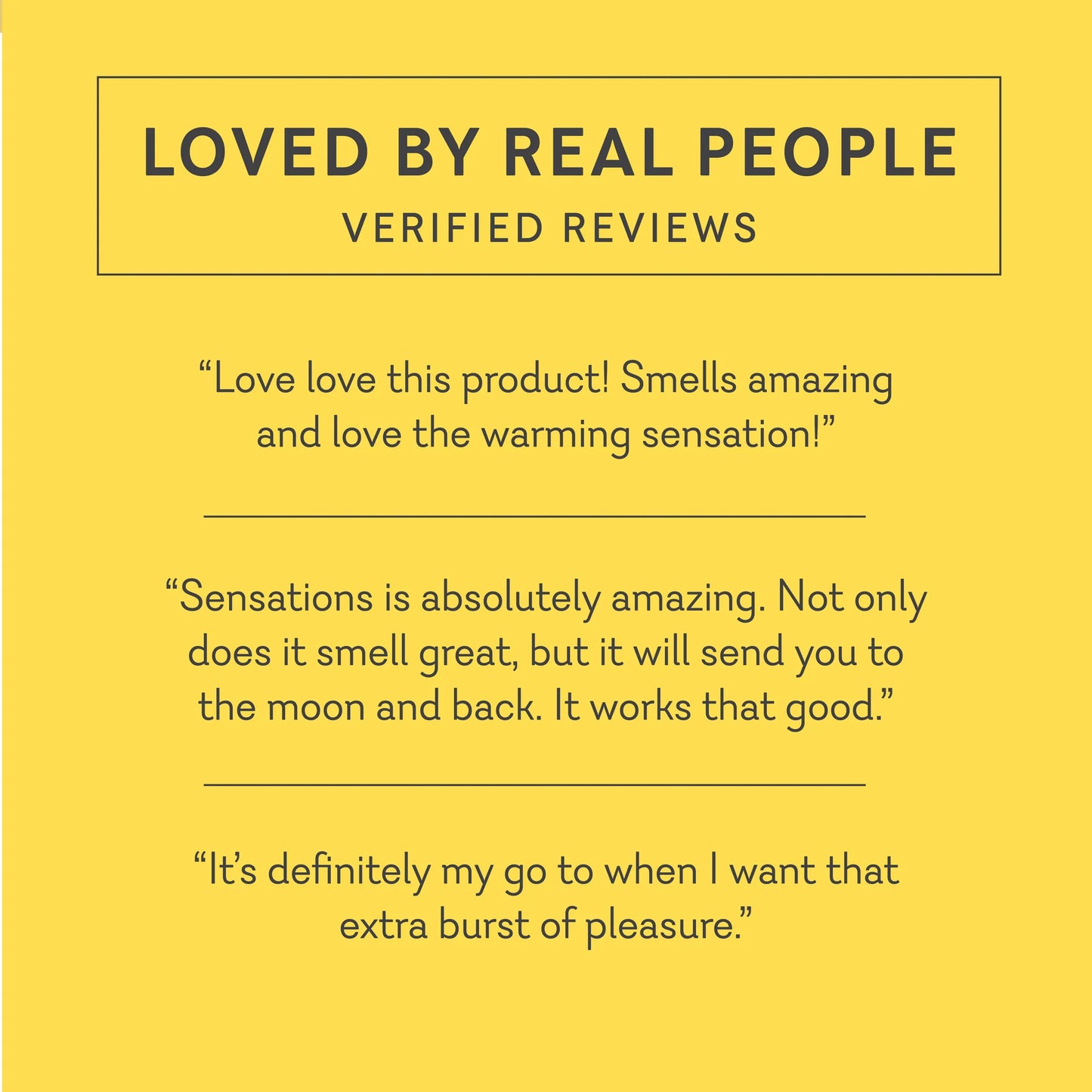 Product reviews on a yellow background with text about product satisfaction. sensations flavored warming lubricant for oral favors pineapple paradise pure romance www.VALGINA.com 