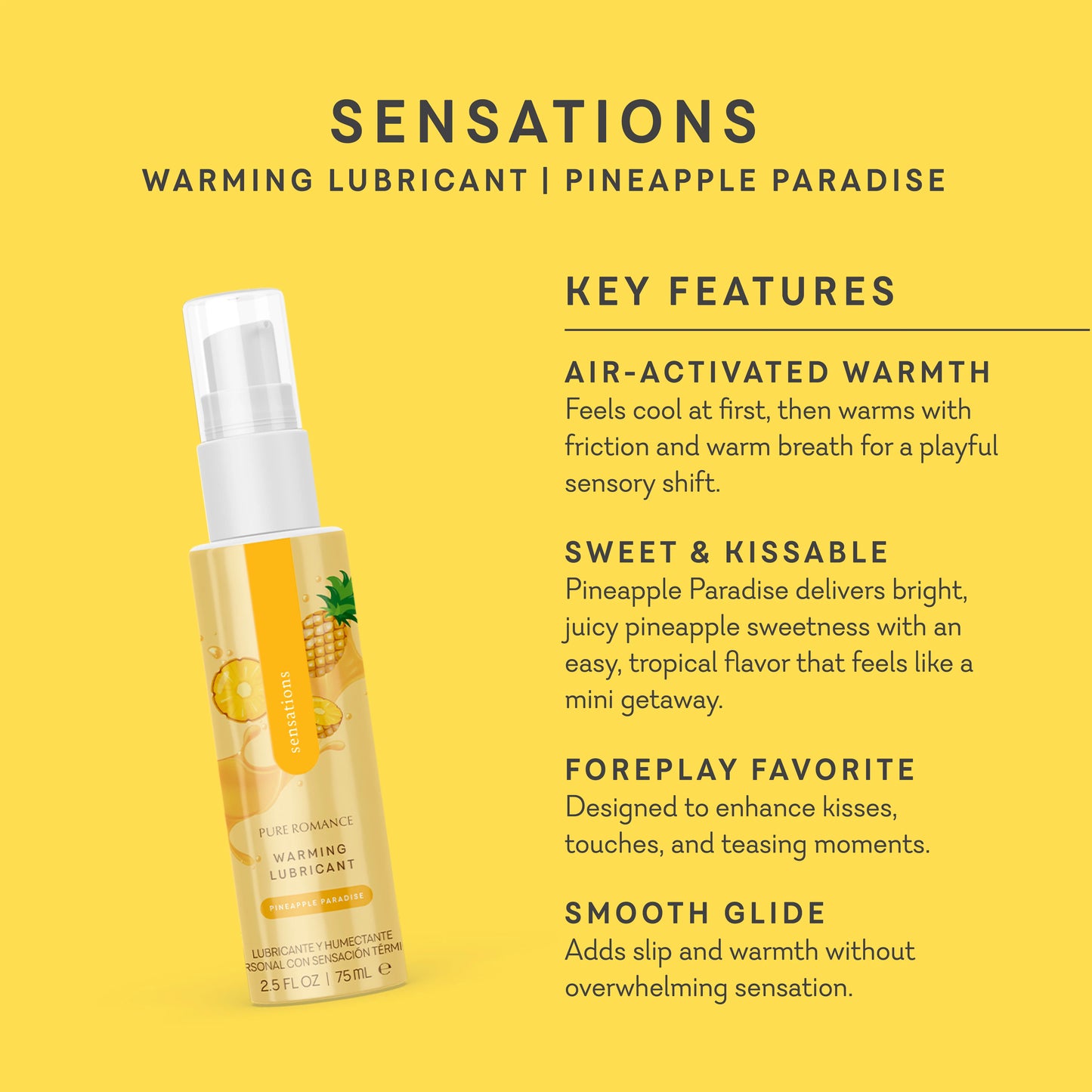 Warming lubricant bottle with pineapple flavor on a yellow background. sensations flavored warming lubricant for oral favors pineapple paradise pure romance www.VALGINA.com 