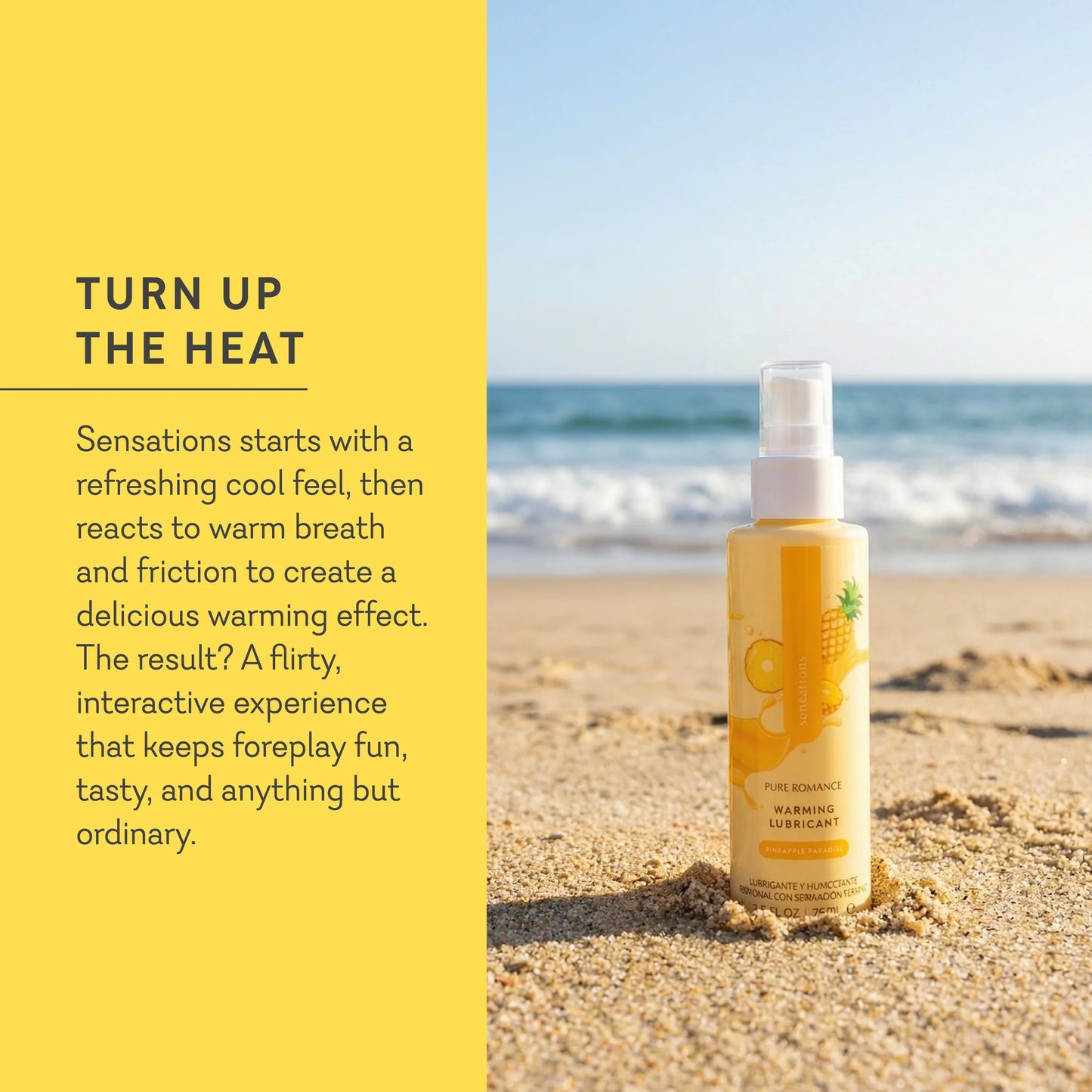Spray bottle on sand with ocean view and promotional text about product effects. sensations flavored warming lubricant for oral favors pineapple paradise pure romance www.VALGINA.com 