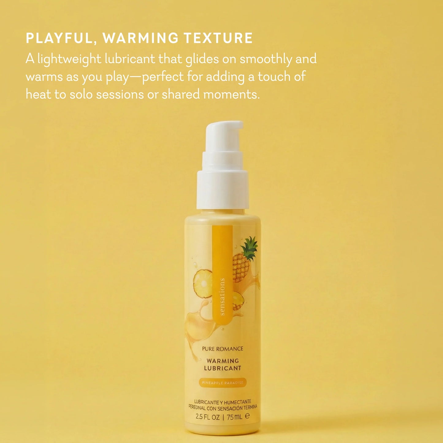 Lubricant bottle with pineapple design on a yellow background. sensations flavored warming lubricant for oral favors pineapple paradise pure romance www.VALGINA.com 