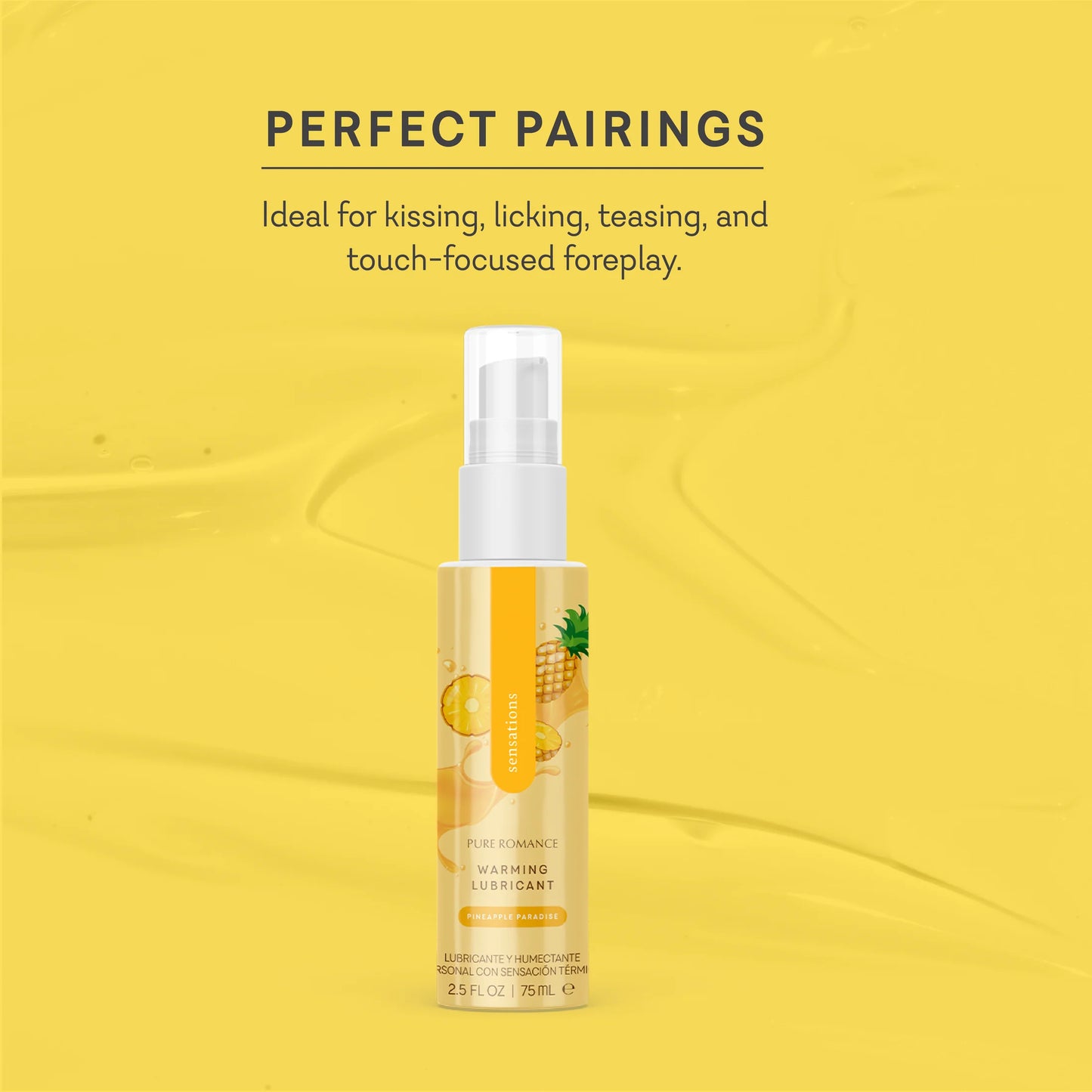 Spray bottle with pineapple design on a yellow background. sensations flavored warming lubricant for oral favors pineapple paradise pure romance www.VALGINA.com 