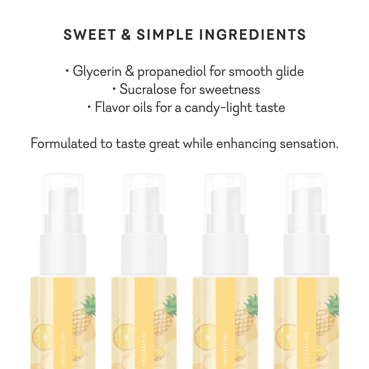 Product packaging with ingredients listed on a white background. sensations flavored warming lubricant for oral favors pineapple paradise pure romance www.VALGINA.com 
