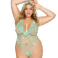 Seductive Sage - Crystal Cowl Neck Teddy with Diamond Rhinestones Hooded Mesh Lingerie - Green - VALGINA.com