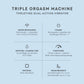 Product specifications for a 'Triple Orgasm Machine' vibrator on a light blue background. t.o.m triple orgasm machine dual rabbit vibrator pure romance www.VALGINA.com 