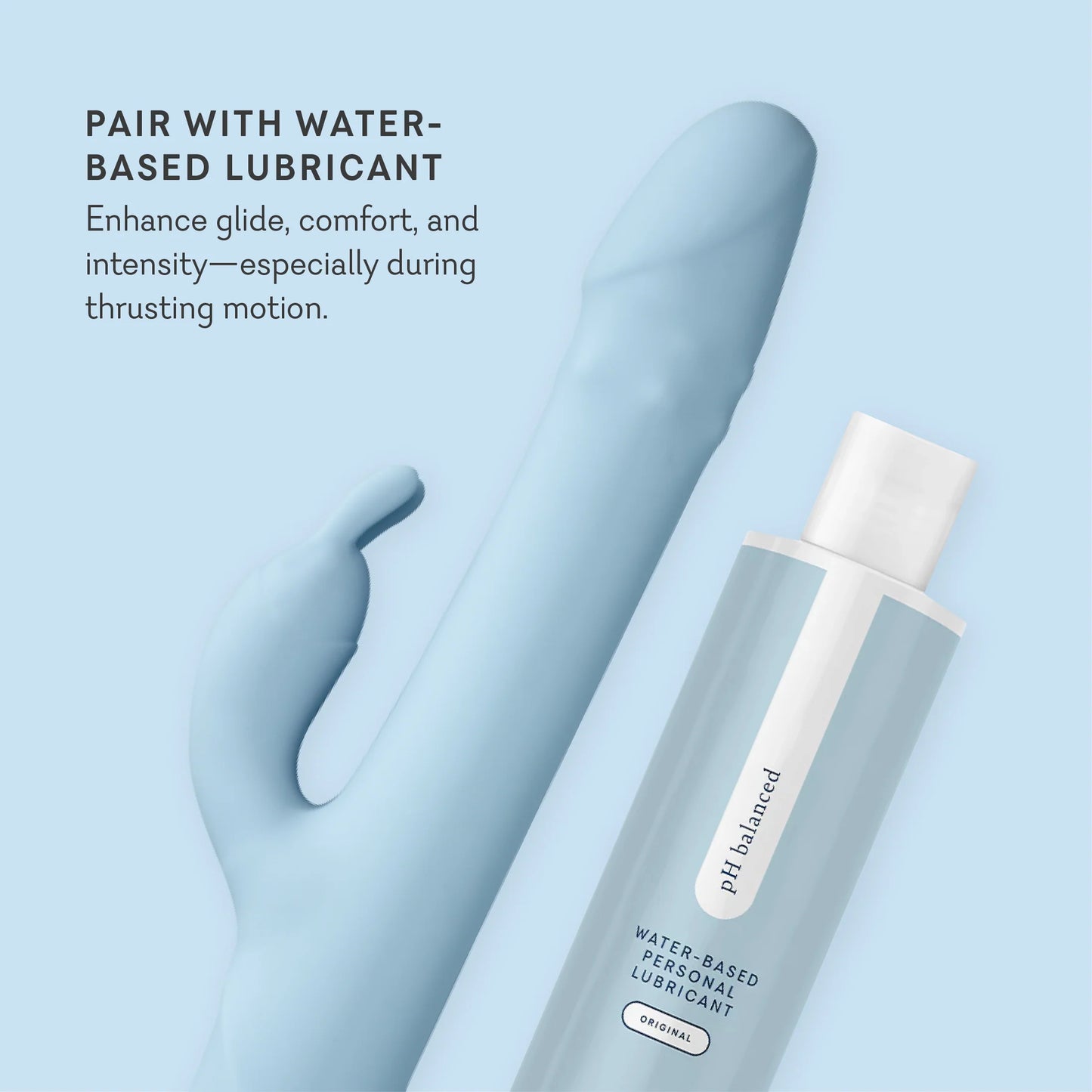 Bottle of pH balanced water-based personal lubricant with a blue glove on a light blue background. t.o.m triple orgasm machine dual rabbit vibrator pure romance www.VALGINA.com 