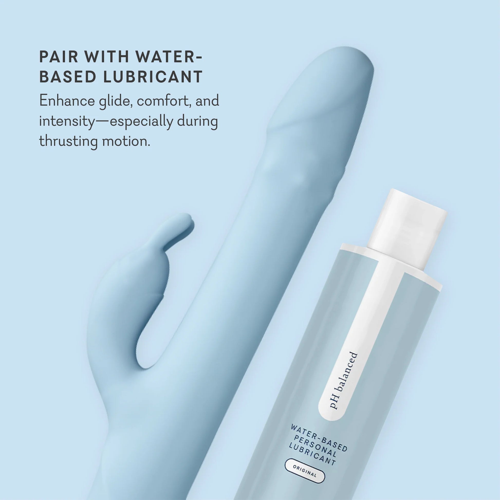 Bottle of pH balanced water-based personal lubricant with a blue glove on a light blue background. t.o.m triple orgasm machine dual rabbit vibrator pure romance www.VALGINA.com 