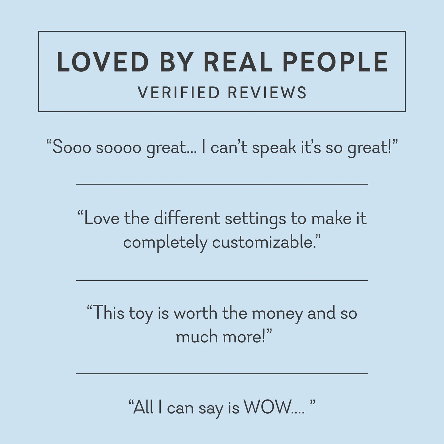 Text on a light blue background with customer reviews and phrases like 'LOVED BY REAL PEOPLE VERIFIED REVIEWS'. t.o.m triple orgasm machine dual rabbit vibrator pure romance www.VALGINA.com 
