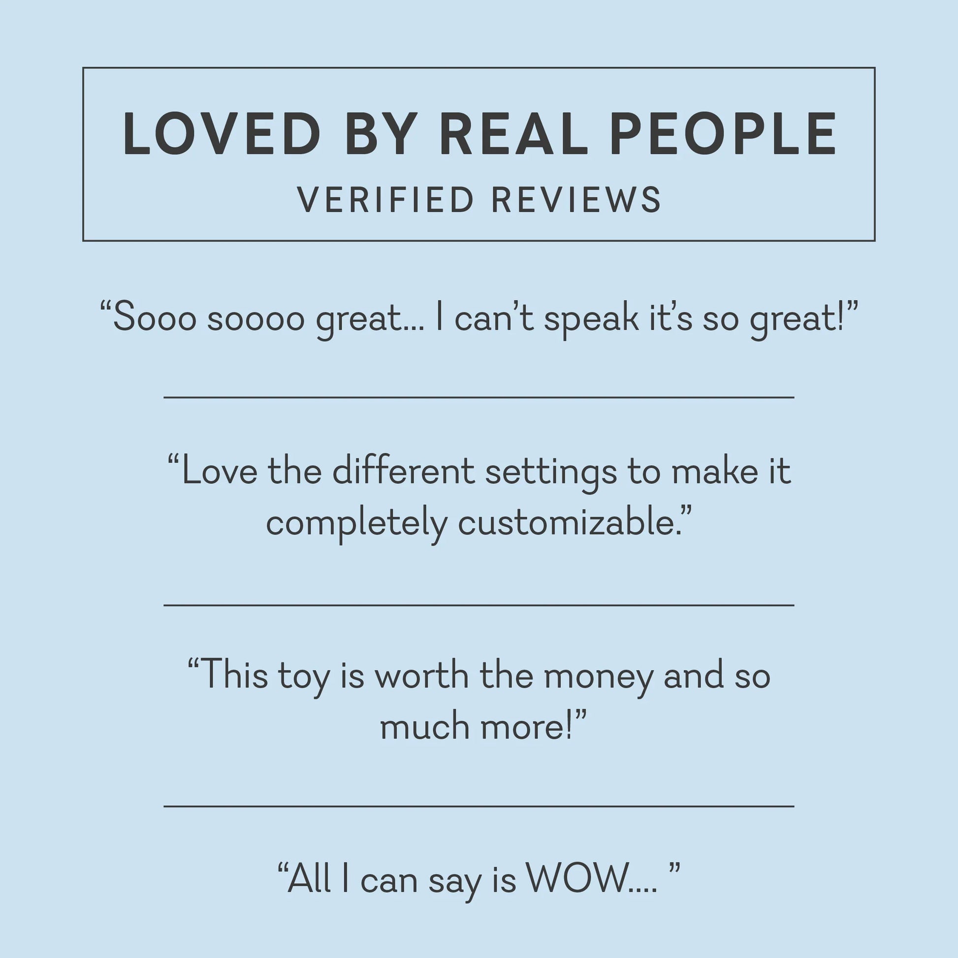 Text on a light blue background with customer reviews and phrases like 'LOVED BY REAL PEOPLE VERIFIED REVIEWS'. t.o.m triple orgasm machine dual rabbit vibrator pure romance www.VALGINA.com 