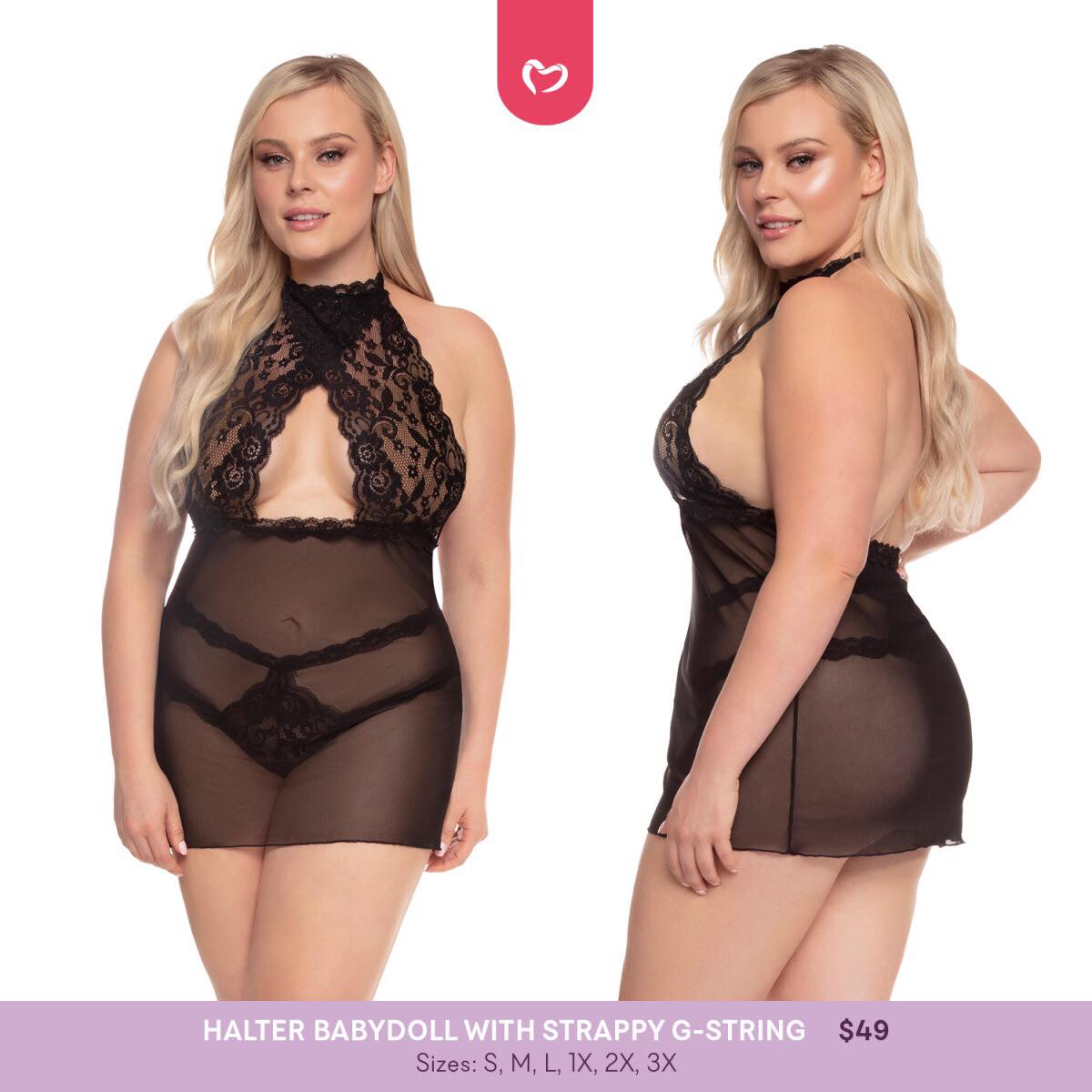 Halter Babydoll with Strappy G-String - Black - 2 LEFT!