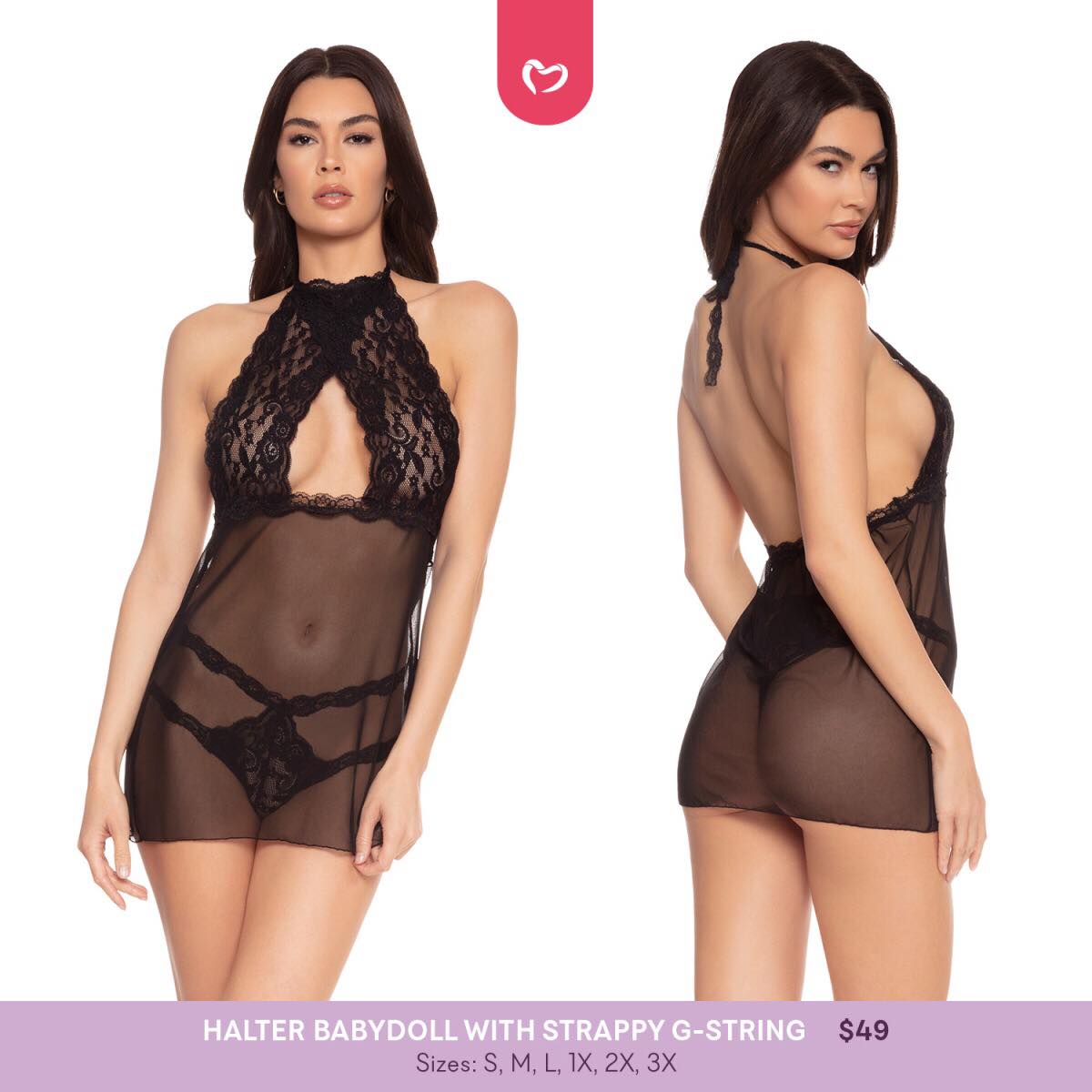 Halter Babydoll with Strappy G-String - Black - 2 LEFT!