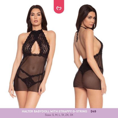 Halter Babydoll with Strappy G-String Lingerie - Black - 2 LEFT! - VALGINA.com